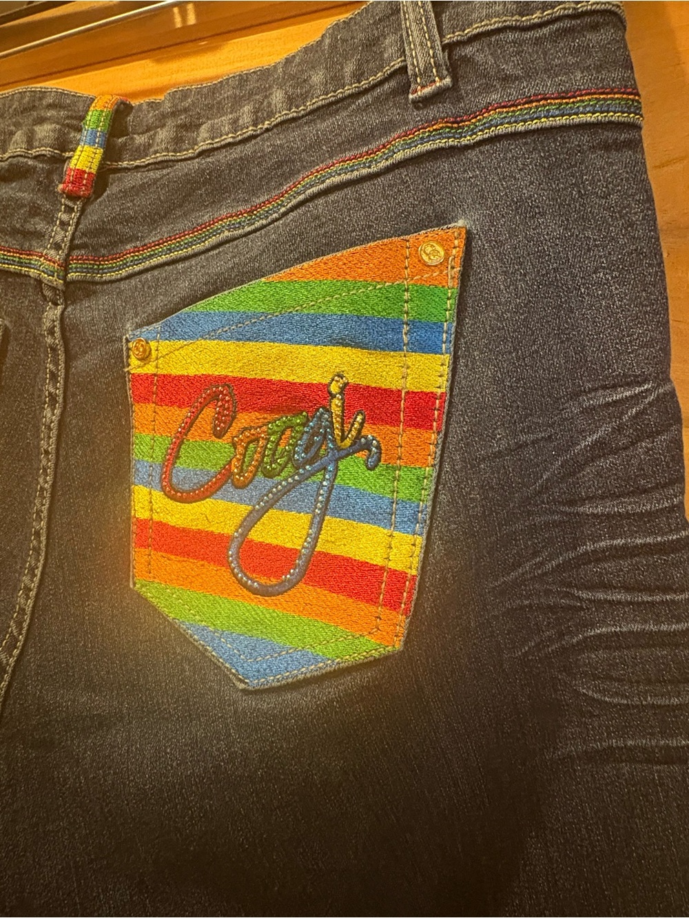 Vintage Coogi Jeans Womens 14W Dark Wash Rainbow Embroidered Knit Pockets Y2K